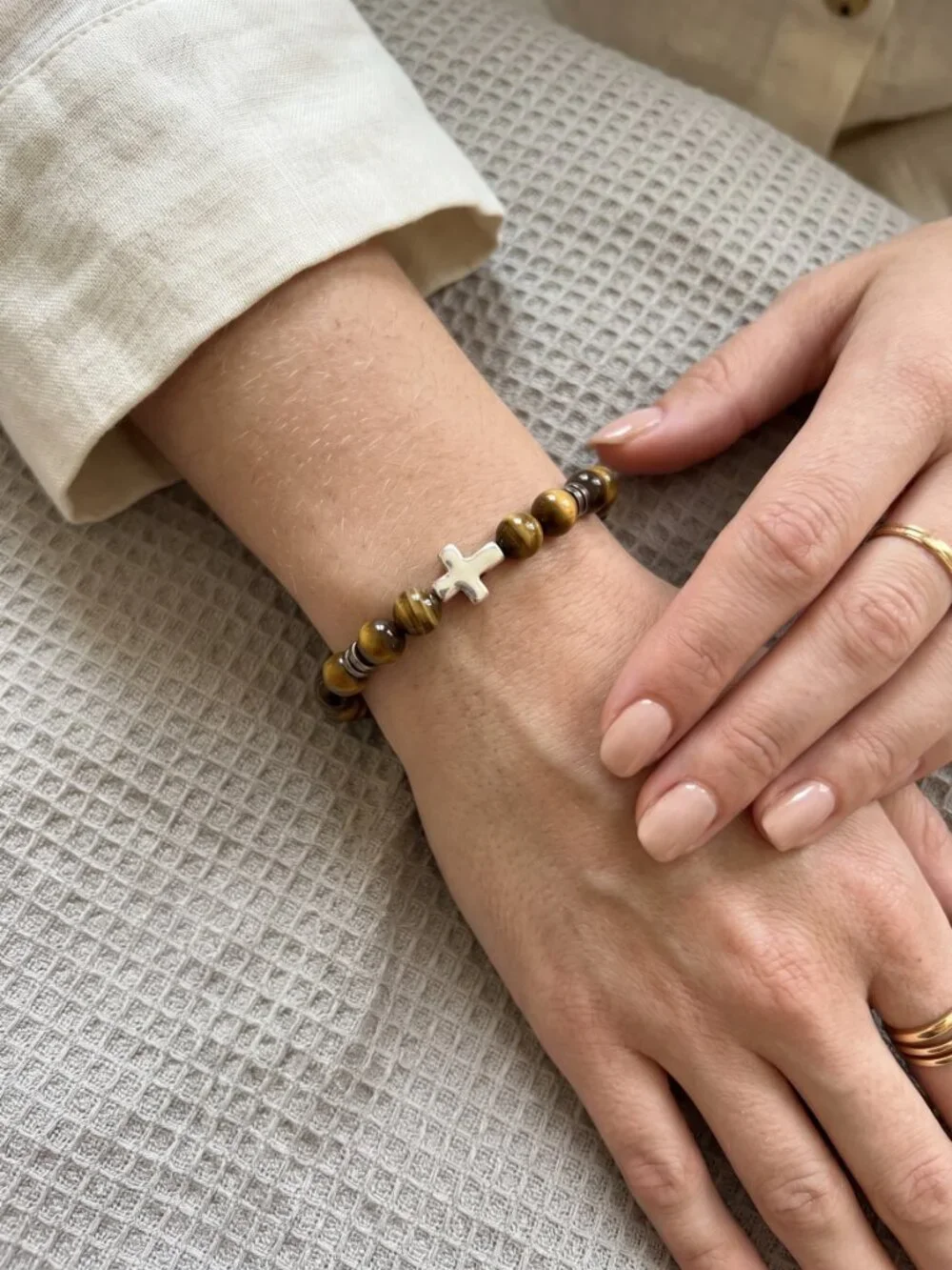 Designs by Forte Unisex Tiger's Eye & Silver Cross Stretch Bracelet
